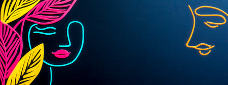 Neon pink and yellow leaves framing a blue woman face on dark backgroundの素材