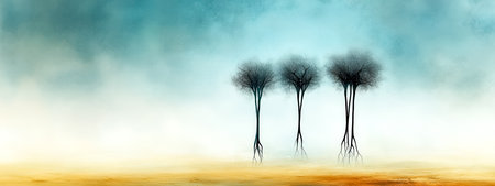 Surreal upside down trees growing in a misty landscapeの素材