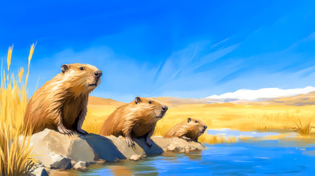 Beavers observing the landscape near a pond on a sunny dayの素材