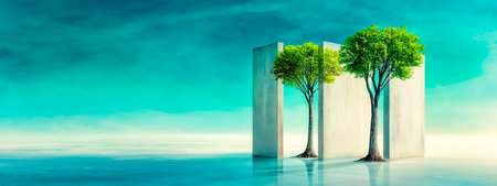 Two trees growing between concrete walls in surreal landscapeの素材