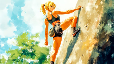 Determined blonde sportswoman climbing rock face in natureの素材