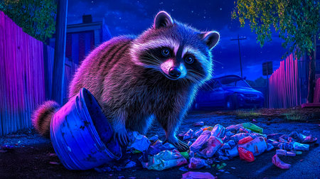 Raccoon rummaging through garbage in a dark alley at nightの素材