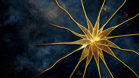 Golden flower blooming on dark blue background representing luxury and eleganceの素材