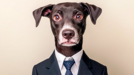 Humorous dog wearing formal suit and tie posing for business portraitの素材