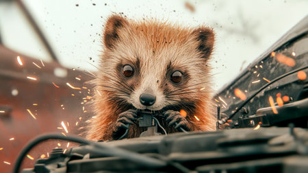 Playful marten chewing electrical wires, causing sparks and potential damageの素材