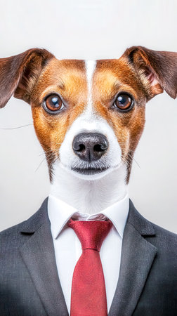 Jack russell dog wearing business suit and red tieの素材