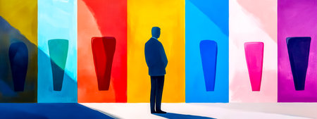 Art curator observing colorful abstract paintings in gallery exhibitionの素材