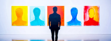 Art curator evaluating colorful abstract portrait paintings in gallery exhibitionの素材