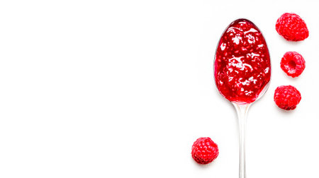 Silver spoon filled with glossy raspberry jam and fresh raspberries on transparent backgroundの素材