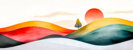 Stylized abstract landscape with colorful rolling hills and sunsetの素材