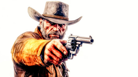 Rugged cowboy holding revolver in transparent background, western character illustrationの素材