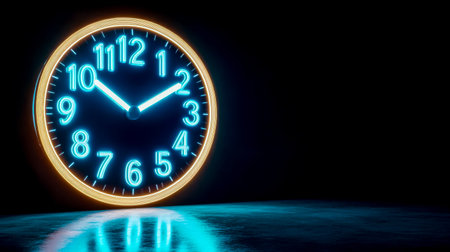 Glowing neon clock showing time on dark backgroundの素材