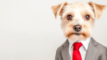 Cute Dog Wearing Business Suit and Red Tie on White Backgroundの素材
