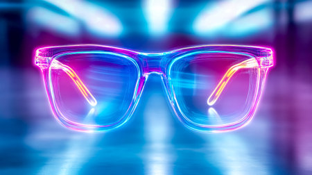 Glowing hologram of eyeglasses emitting neon light in futuristic settingの素材