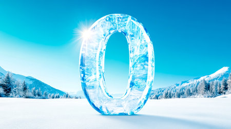 Big ice number zero glistening under winter sun in snowy mountainsの素材