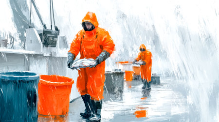 Fishermen sorting fish on a fishing boat in the rainの素材