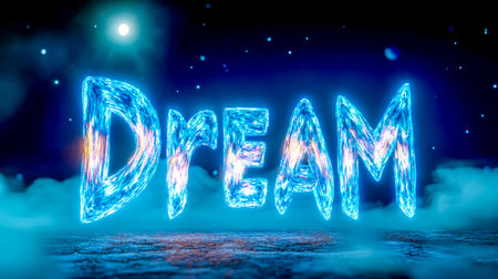 Dream word shining in ethereal night sky with moon and starsの素材