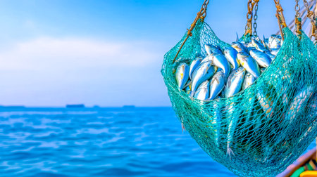 Fishing net overflowing with freshly caught fish on a sunny day at seaの素材