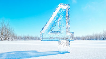 Large ice number four standing in snowy field with treesの素材