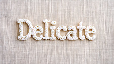 Delicate word crafted from intricate lace pattern on fabricの素材