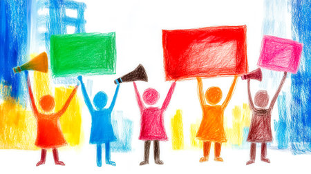 Colorful protest scene with stick figures holding signs and megaphonesの素材