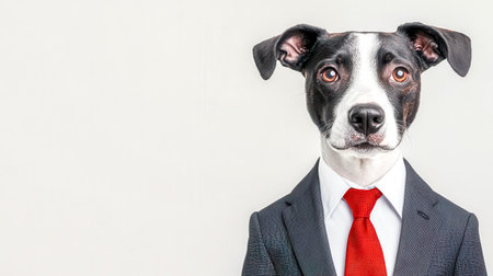 Dog wearing suit and red tie posing for corporate business portraitの素材