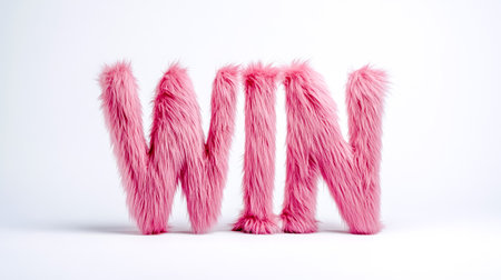 Pink furry win sign standing on white backgroundの素材