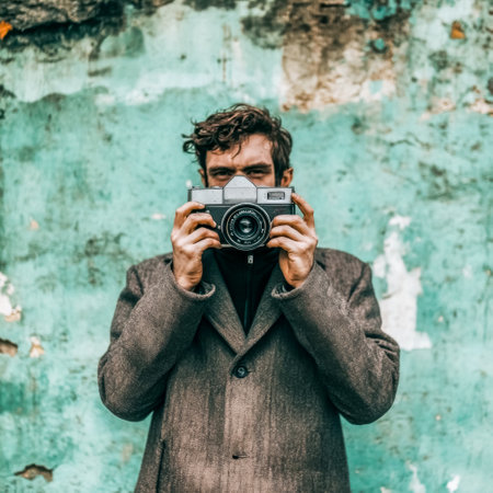 Photographer taking photo with vintage camera against weathered wallの素材