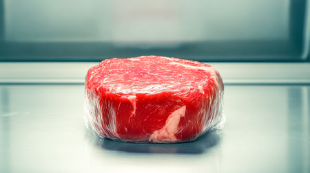 Fresh red steak wrapped in cling film preserving its freshnessの素材