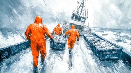 Fishermen carrying fish on a trawler in a stormの素材