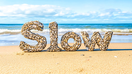 Slow down and enjoy life, pebbles arranged on a sandy beach forming the word slowの素材