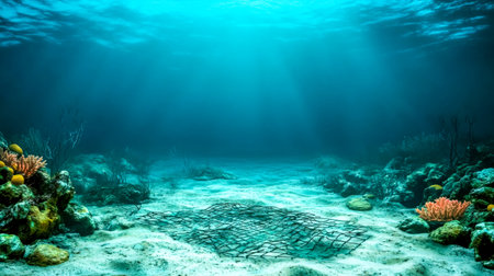 Damaged coral reef suffers from abandoned fishing net pollutionの素材