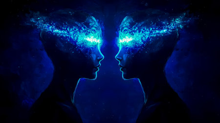 Two silhouettes sharing energy through glowing bridge of lightの素材