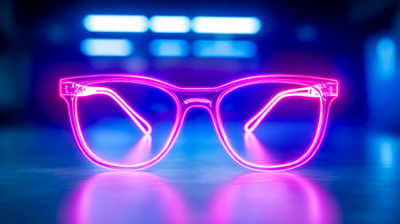 Glowing hologram of eyeglasses reflecting on surfaceの素材