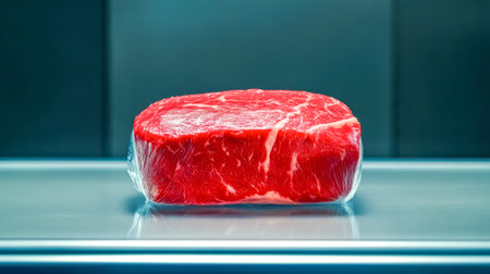 Fresh raw beef steak wrapped in cling film preserving meatの素材
