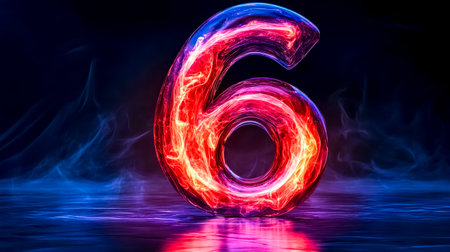 Glowing molten glass number six with intricate swirls on dark backgroundの素材