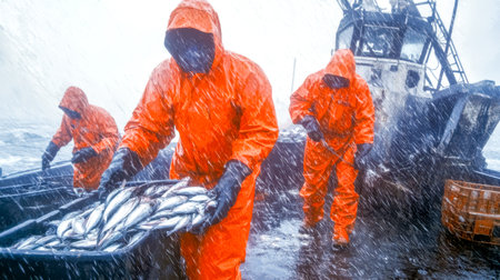 Fishermen sorting fish on a trawler in a stormの素材