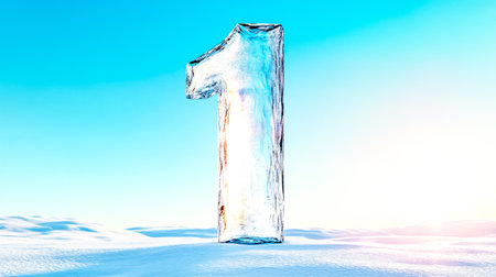 Number one made of ice glistening under blue sky on snowy landscapeの素材