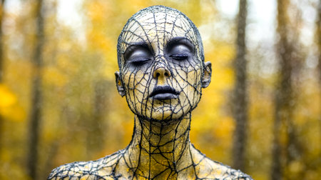 Model with spiderweb body painting posing in autumn forestの素材