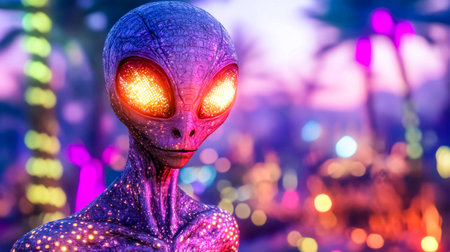 Extraterrestrial being visiting vibrant alien city at sunsetの素材