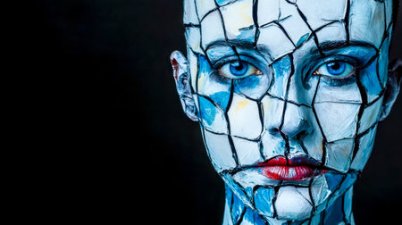 Woman with face paint resembling shattered glass expressing sadnessの素材