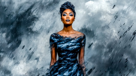 Model showcasing creative stormy clouds and rain body painting against a textured backdropの素材