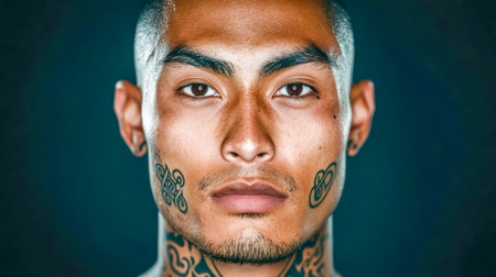 Portrait of young man showing polynesian tattoos on face and neckの素材