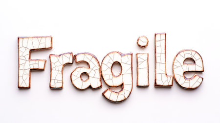 Fragile word crafted from delicate porcelain tile on white backgroundの素材