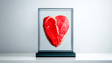 Raw steak displayed in refrigerated glass case, preserving freshnessの素材