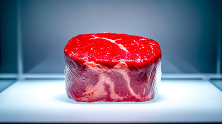 Raw beef steak wrapped in cling film on luminous surfaceの素材