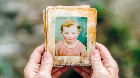 Hands holding old faded photographs of baby girl, memories and nostalgiaの素材