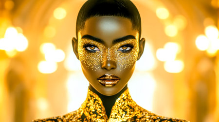 Golden queen wearing luxurious clothes and makeup posing in a palaceの素材