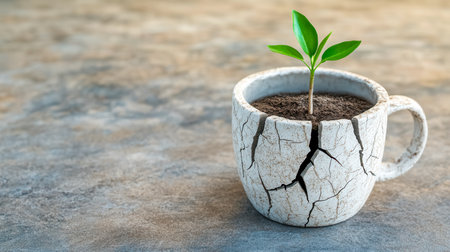 Small plant growing in a cracked mug symbolizing rebirth and new lifeの素材