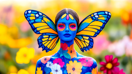 Model showcasing vibrant butterfly wings and floral body painting in a colorful gardenの素材
